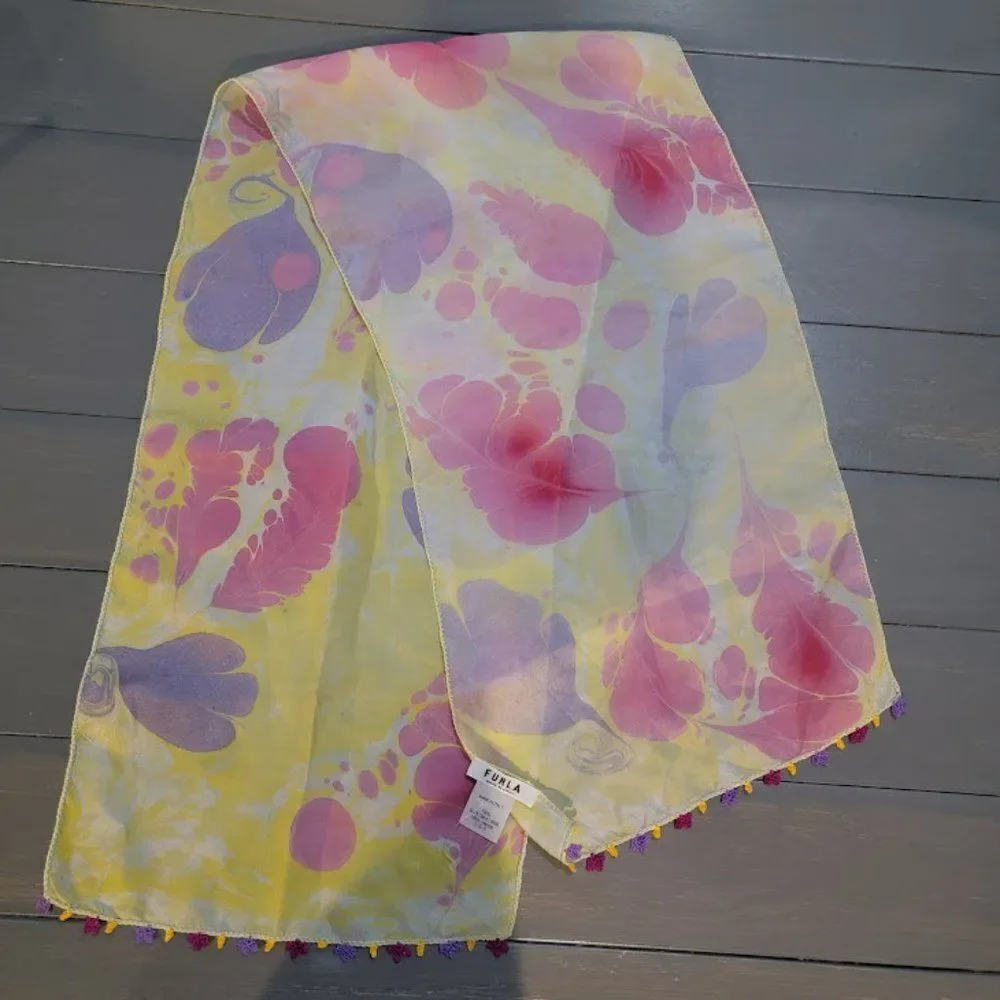 Furla Women's Pink & Yellow 100% Silk Beautiful Scarf Size 42 L X 11W I…